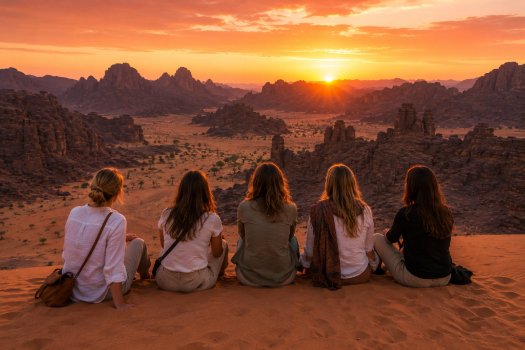 voyage femme seule-voyage femme solo-reconnexion à soi-charge mentale féminine-femme épuisée-voyage transformateur-désert du Tassili n’Ajjer-voyage entre femmes-retraite désert-besoin de ralentir fatigue mentale-voyage bien-être-tourisme authentique Algérie-Women of the Dunes-Chroniques du désert